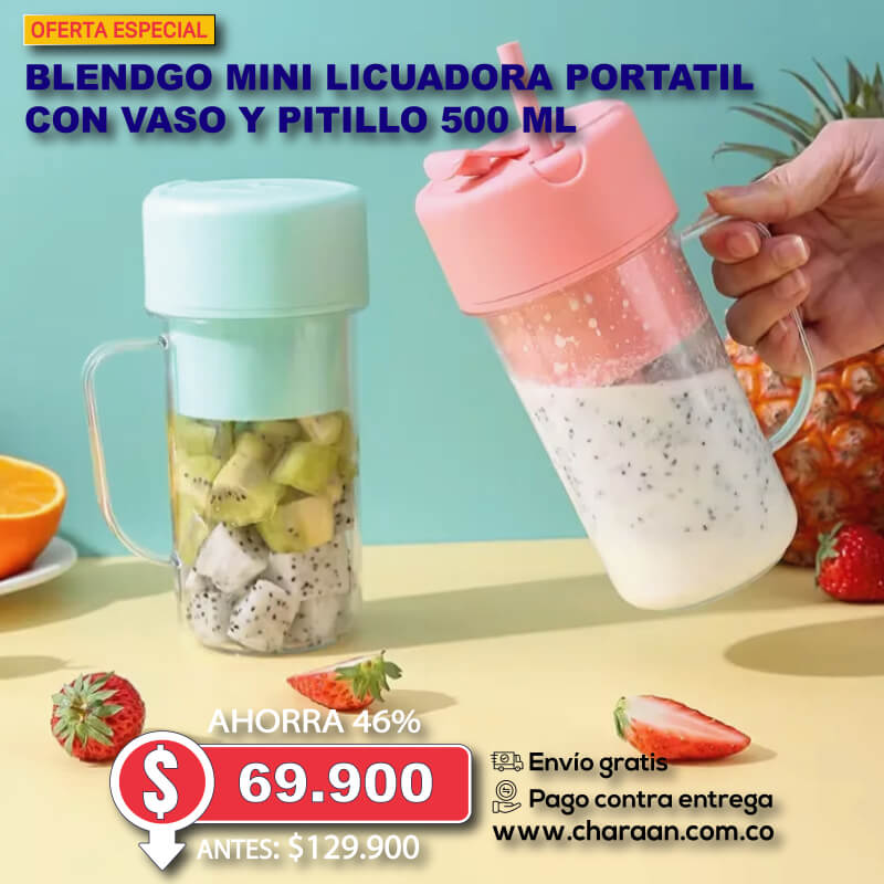 BlendGo 🥤 Mini Licuadora Portatil de Vaso y Pitillo 500 ML