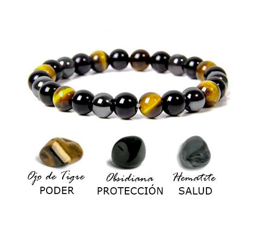 Pulsera energética Triple protección 🐯 Hematita, Obsidiana negra y Ojo de tigre.