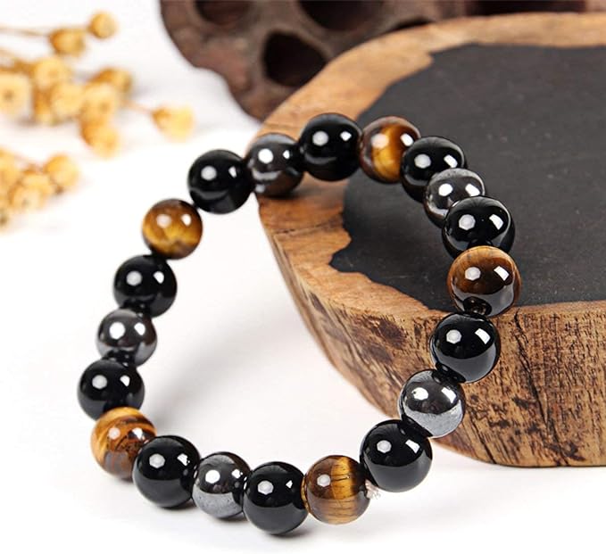 Pulsera energética Triple protección 🐯 Hematita, Obsidiana negra y Ojo de tigre.