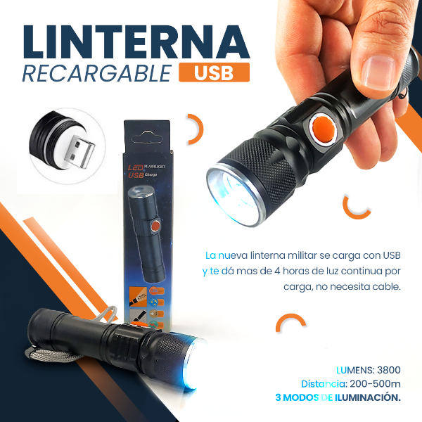 🔦🔦 2 Linternas Tácticas USB 🎁  3800 Lumens ⚡